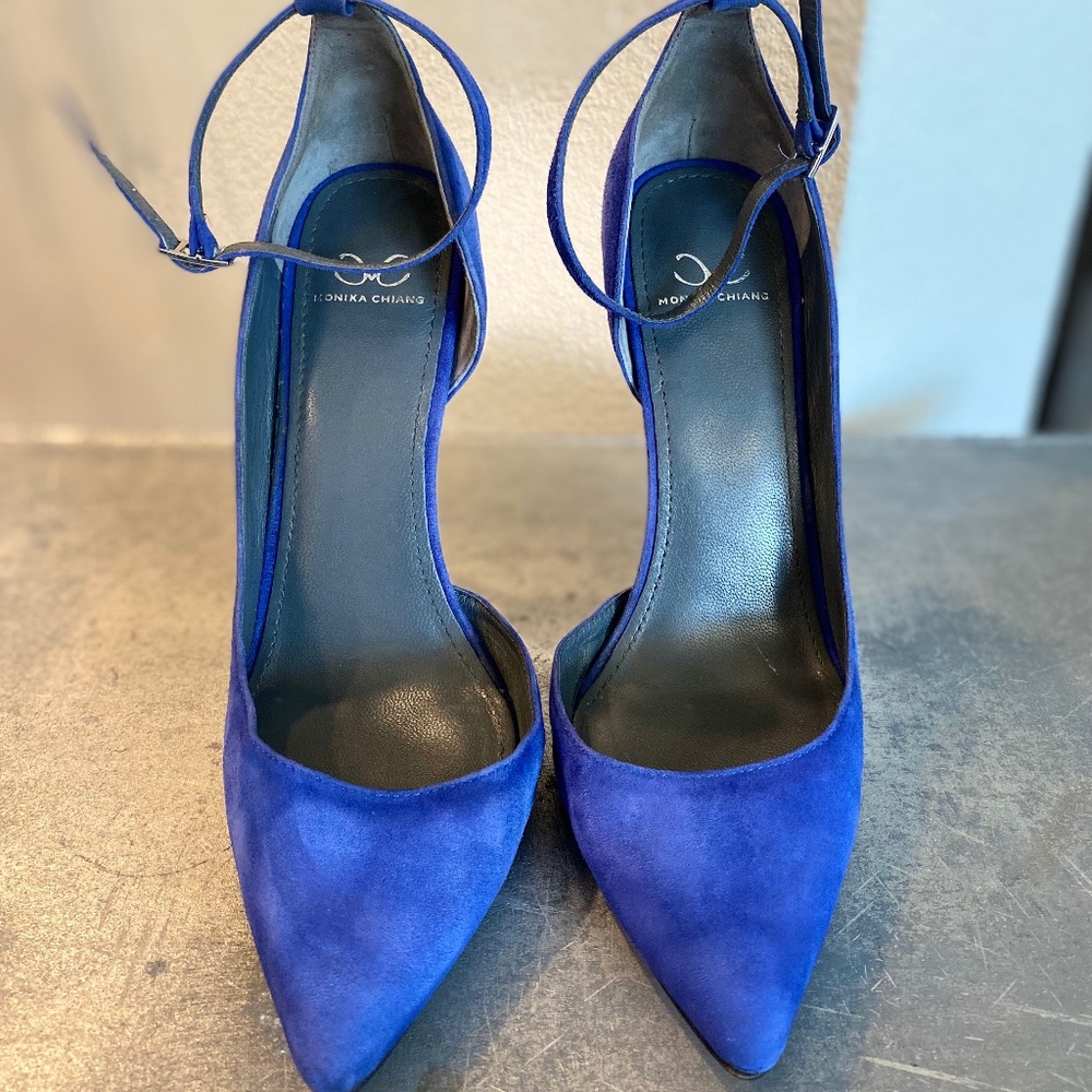 Monika Chiang Blue Suede Ankle Strap D’Orsay Pump